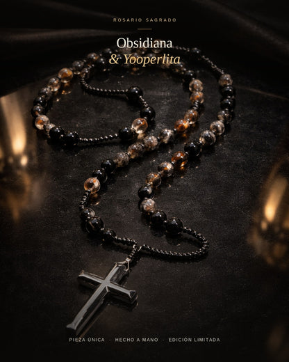 Rosario de Obsidiana Natural Yooperlita & Cruz de Hematita