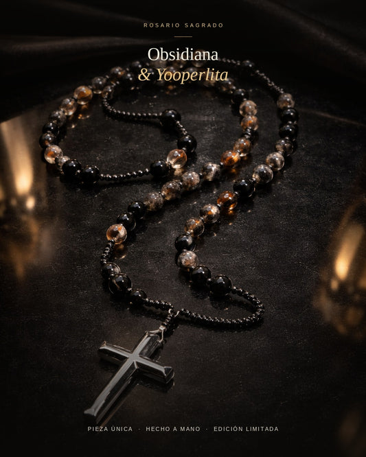 Rosario de Obsidiana Natural Yooperlita & Cruz de Hematita