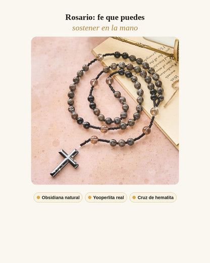Rosario de Obsidiana Natural Yooperlita & Cruz de Hematita